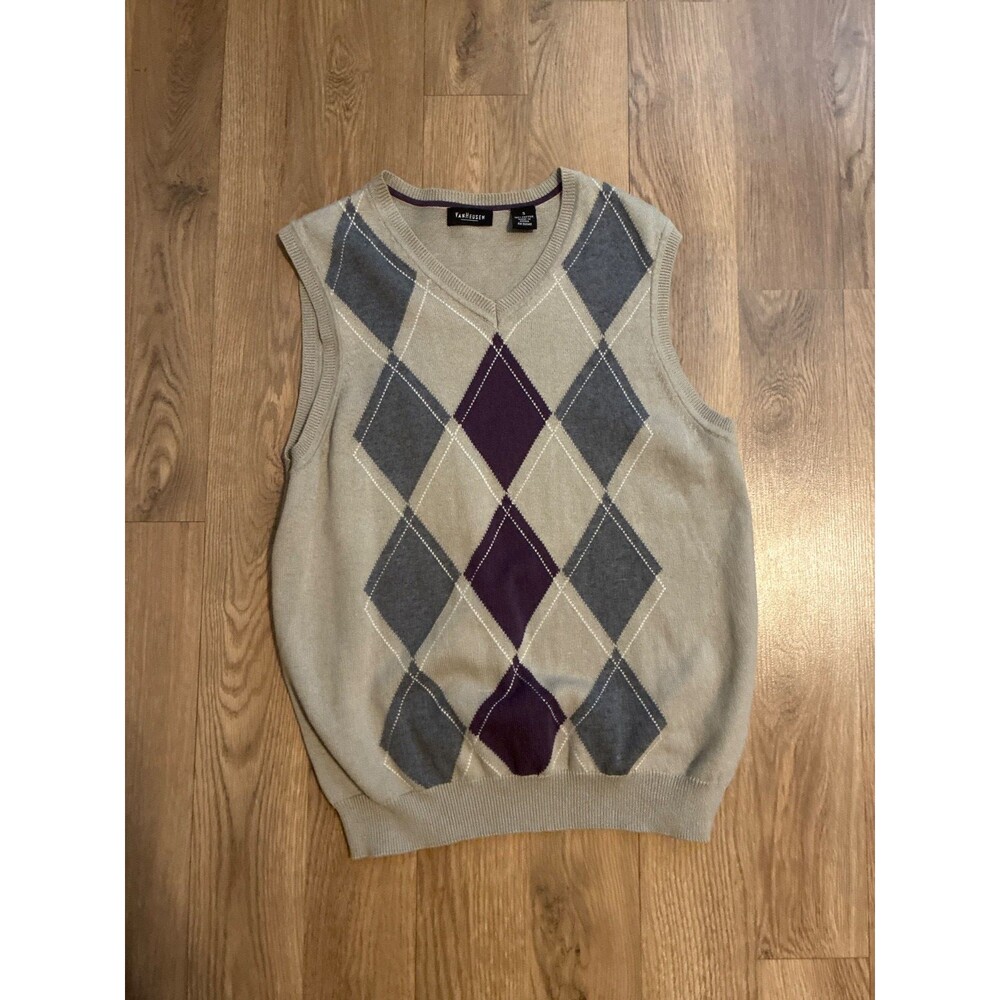 Van Heusen Mens Small Argyle Sweater Vest V Neck Tan Grey Purple Cotton Knit